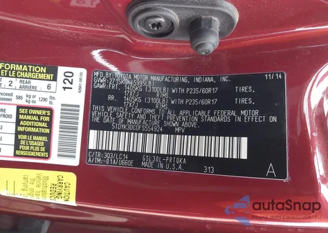 2015 Toyota Sienna Xle 8 Passenger z USA, uszkodzony, nr VIN 5TDYK3DC0FS554924